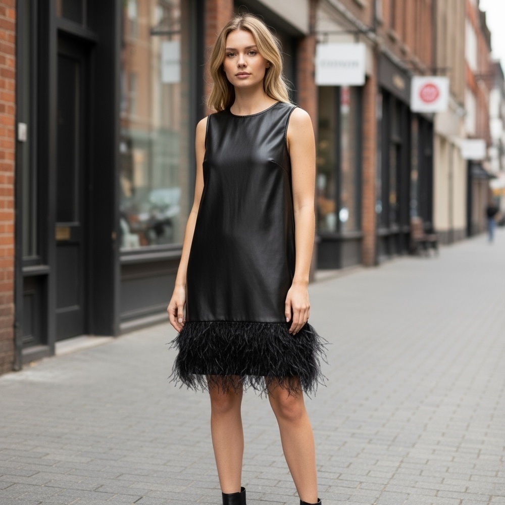 FOR CYNTHIA black faux leather & feather trim shift cocktail dress
New